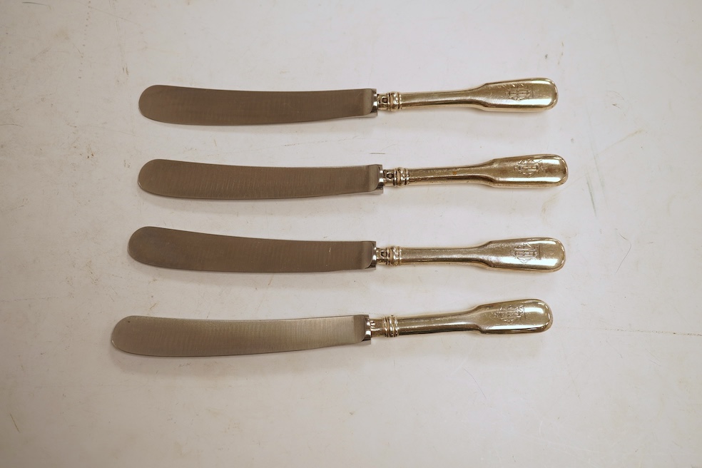 A set of nine Austro-Hungarian white metal handled table knives, 26cm. and nine matching dessert knives, all with engraved monogram and re-bladed.